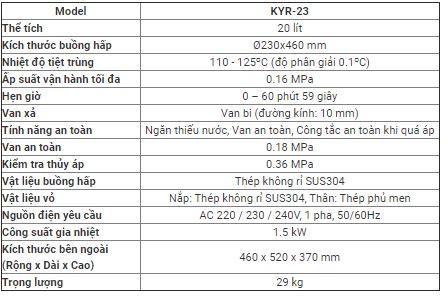 Thông số kỹ thuật Nồi hấp tiệt trùng nằm ngang ALP KYR-23