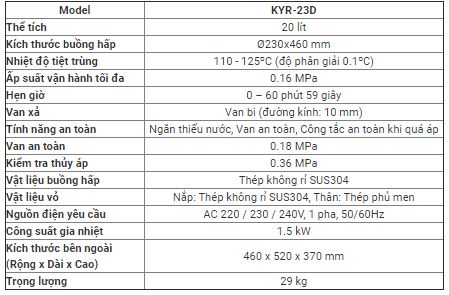 Thông số kỹ thuật nồi hấp tiệt trùng nằm ngang có sấy khô ALP KYR-23D