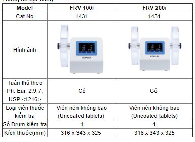 Thông số kỹ thuật Máy kiểm tra độ mài mòn viên thuốc Copley Scientific FRV 200i