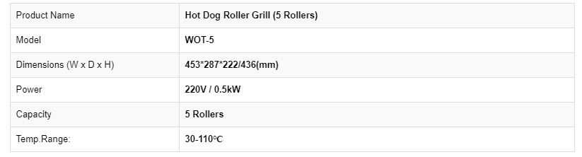 Thông số kỹ thuật Lò nướng xúc xích 5 thanh WOT-5