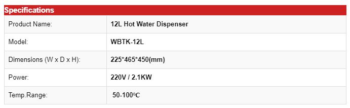 Thông số kỹ thuật Cây nước nóng WBTK-12L