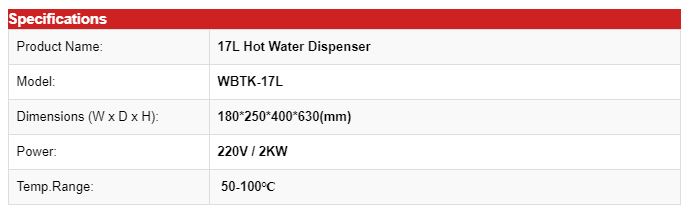 Thông số kỹ thuật Cây nước nóng WBTK-17L