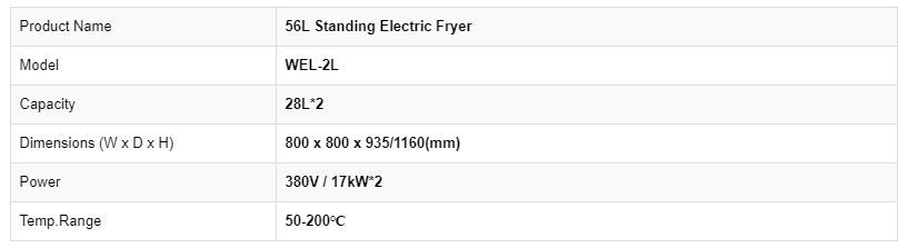 Thông số kỹ thuật Nồi chiên nhúng dạng đứng 56L WEL-2L