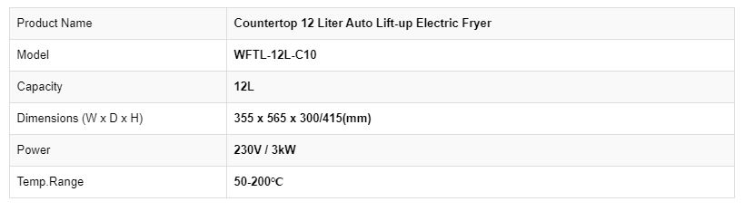 Thông số kỹ thuật Nồi chiên nhúng tự động dùng điện WFTL-12L-C10