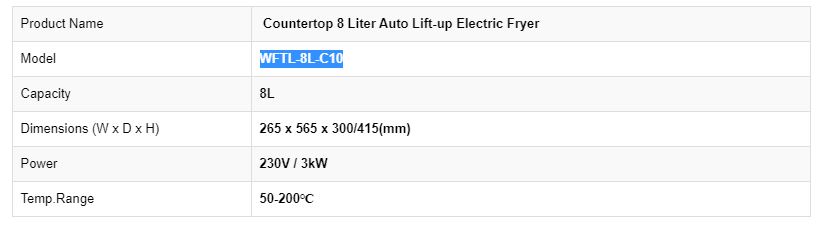 Thông số kỹ thuật Nồi chiên nhúng tự động dùng điện WFTL-8L-C10
