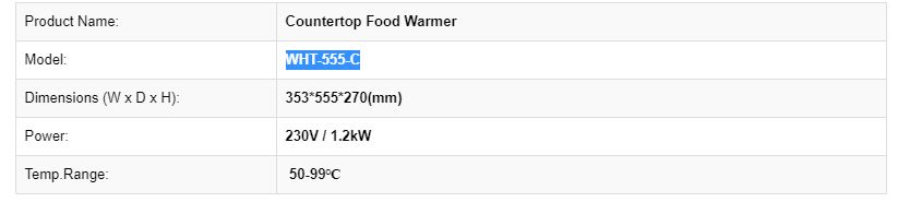 Thông số kỹ thuật Nồi giữ ấm đồ ăn dùng điện WHT-555-C