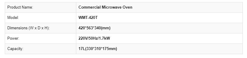 Thông số kỹ thuật Lò vi sóng WMT-420T