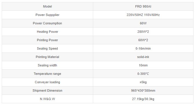 Thông số kỹ thuật Máy hàn miệng túi FRD-980AI