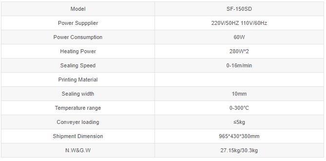 Thông số kỹ thuật Máy hàn miệng túi SF-150SD