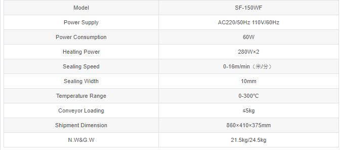 Thông số kỹ thuật Máy hàn miệng túi SF-150WF