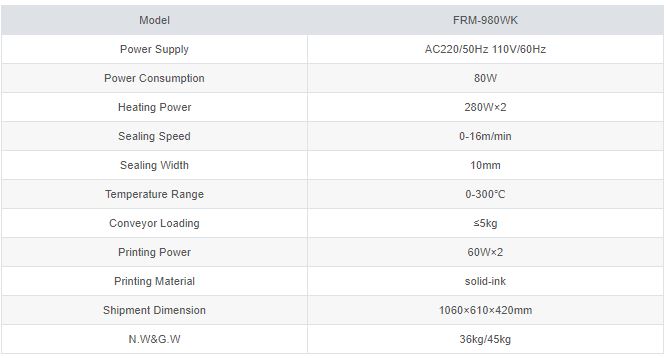 Thông số kỹ thuật Máy hàn miệng túi băng truyền rộng FRM-980WK