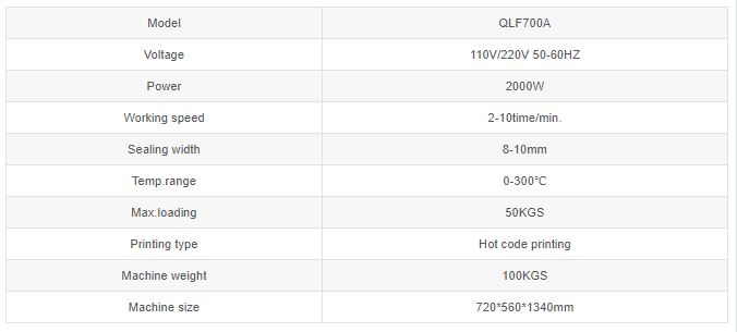 Thông số kỹ thuật Máy hàn miệng túi đứng QLF700A