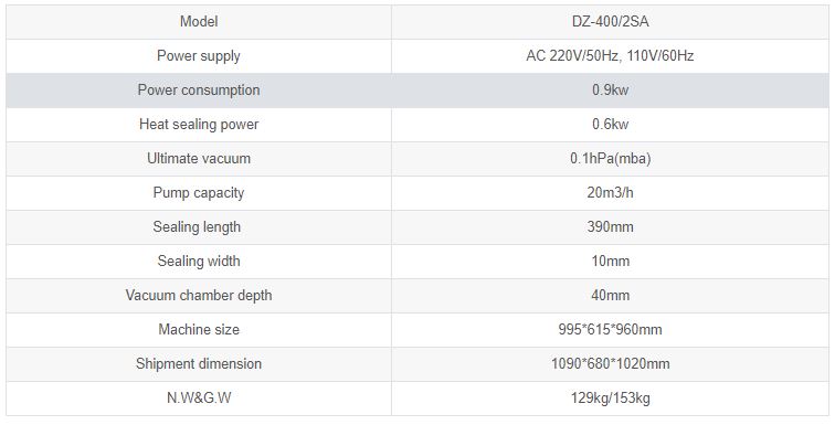  Thông số kỹ thuật Máy hút chân không 2 buồng DZ-400-2SA