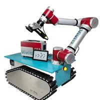 Robot cộng tác Jaka Zu 7 đa năng với 6 trục và đầu mài đánh bóng, cùng robot tự hành AGV 