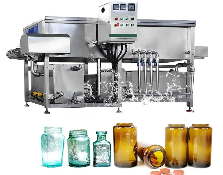 Máy rửa chai lọ và sấy khô tự động dạng băng tải