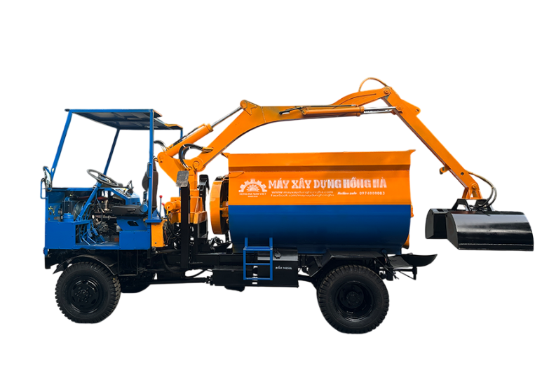 Máy trộn bê tông tự cấp liệu bồn ngang 21 bao 2 cầu động cơ 4 máy